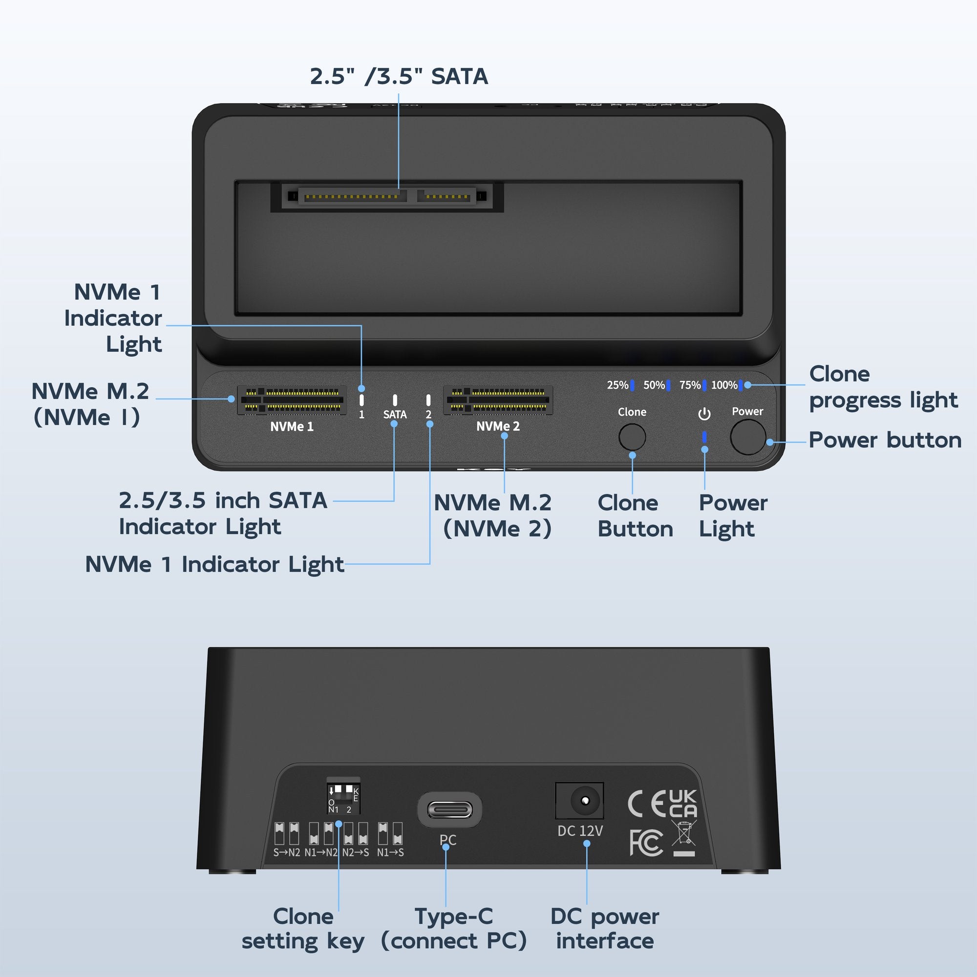 Maiwo Triple Bay HDD Clone-kabinett för 2× SSD NVMe M.2 och 1× SATA HDD