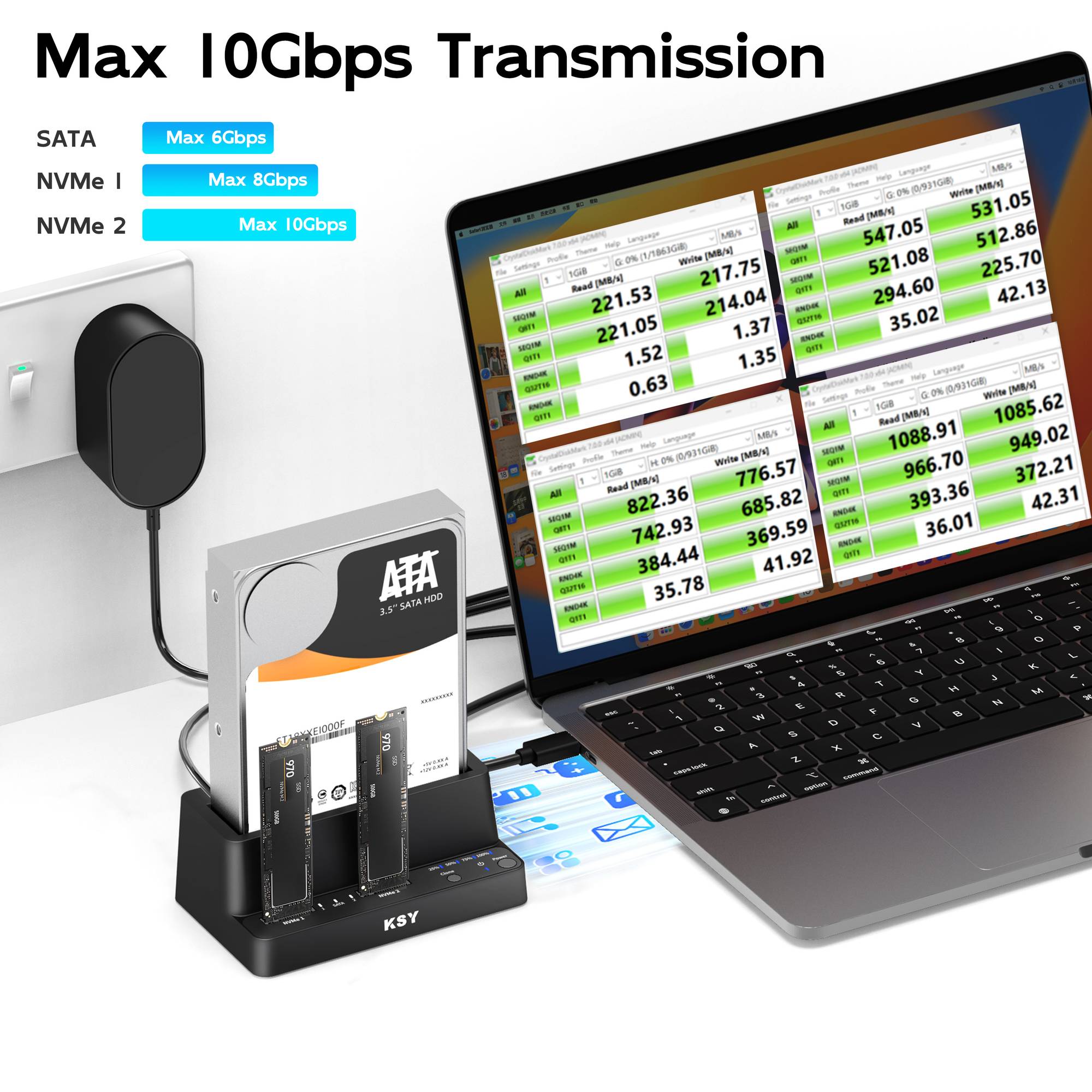 Maiwo Triple Bay HDD Clone-kabinett för 2× SSD NVMe M.2 och 1× SATA HDD