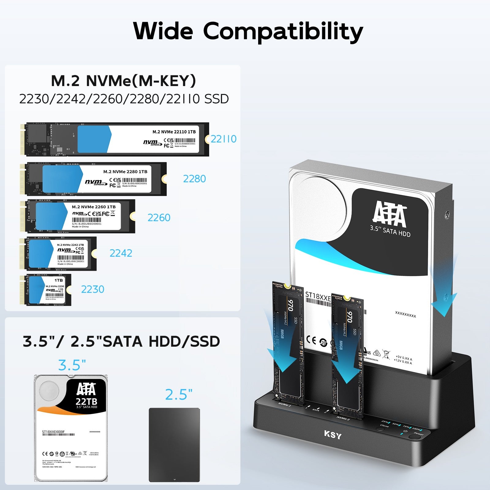 Maiwo Triple Bay HDD Clone-kabinett för 2× SSD NVMe M.2 och 1× SATA HDD
