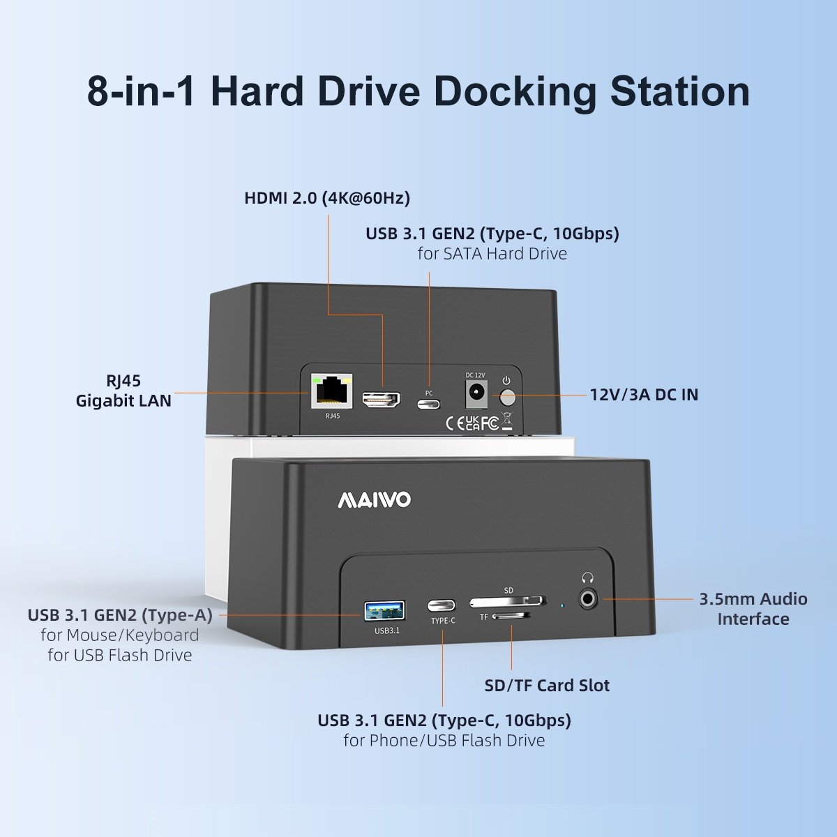 Maiwo USB-C Dockningsstation 2,5"/3,5" 1x SATA HDD SSD & SD/TF-minneskort, HDMI2.0 4K60Hz RJ45 GigaLan USB-A & USB-C 10Gbps