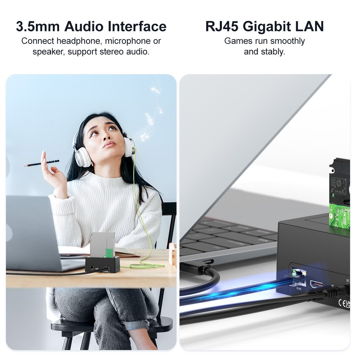 Maiwo USB-C Dockningsstation 2,5"/3,5" 1x SATA HDD SSD & SD/TF-minneskort, HDMI2.0 4K60Hz RJ45 GigaLan USB-A & USB-C 10Gbps