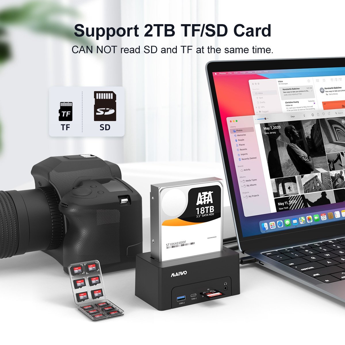 Maiwo USB-C Dockningsstation 2,5"/3,5" 1x SATA HDD SSD & SD/TF-minneskort, HDMI2.0 4K60Hz RJ45 GigaLan USB-A & USB-C 10Gbps