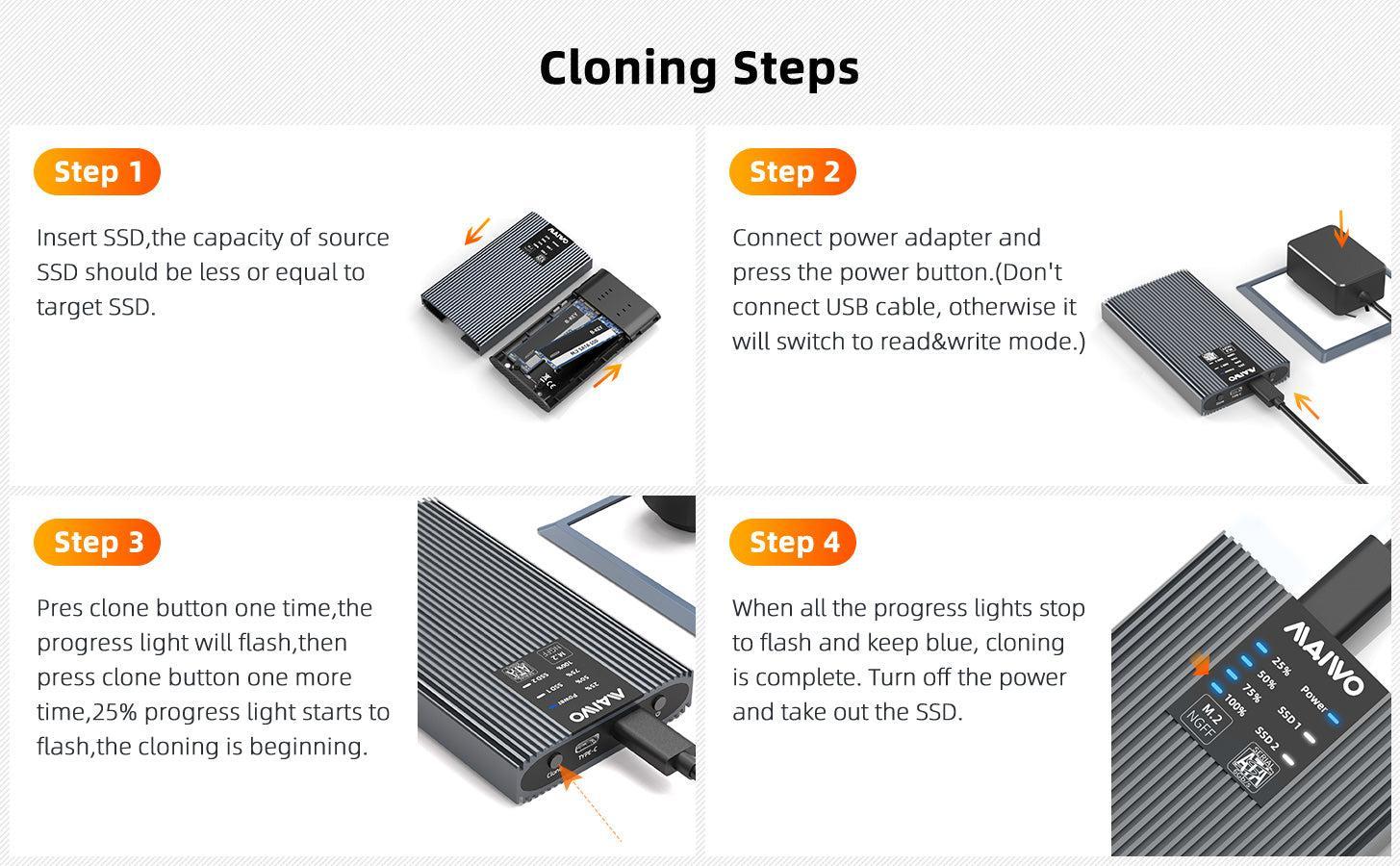 Maiwo extern kabinett för hårddiskkloning M.2 SATA SSD USB3.2 5Gbps 1:1