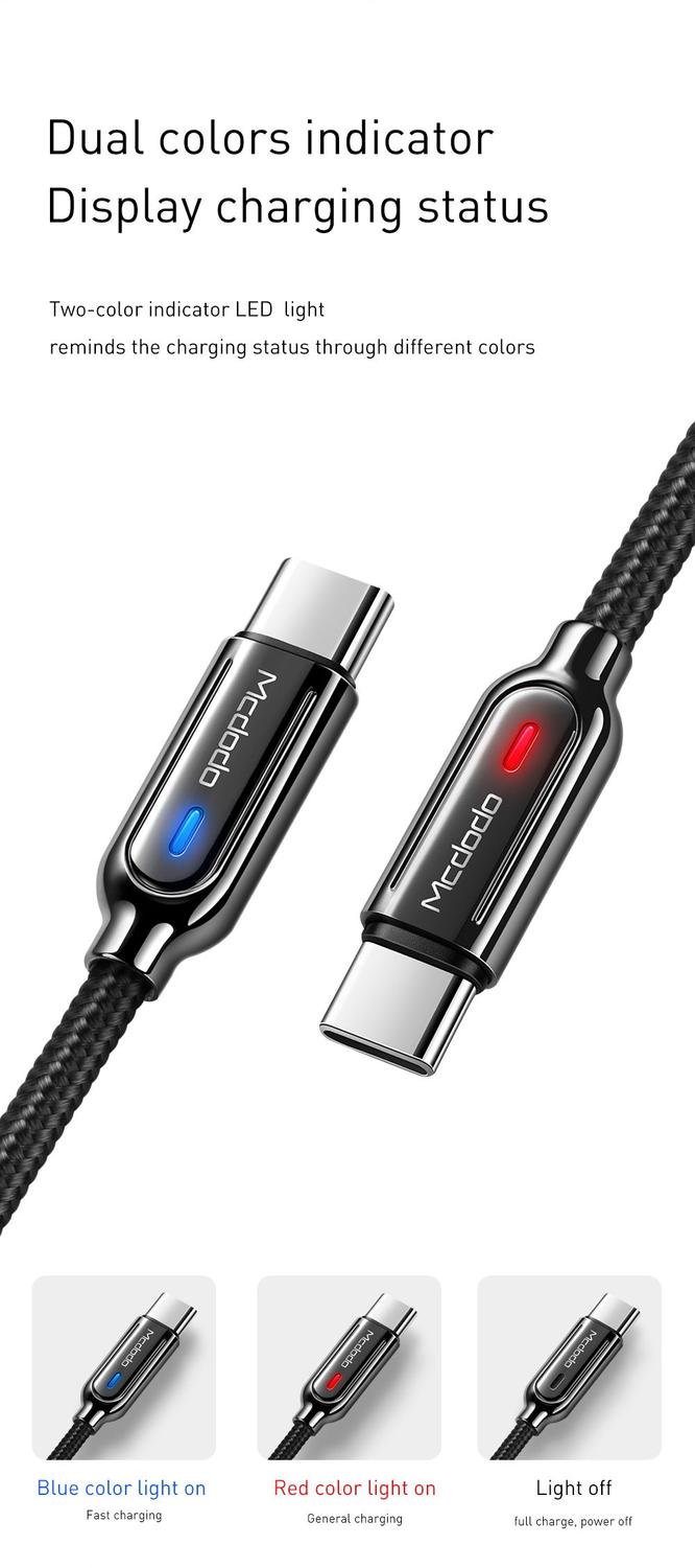 Mcdodo CA-6190 USB C till USB A kabel för synkning och snabb laddning, LED indikator, laddningen slutas automatisk när laddningen är klar, svart, 1m