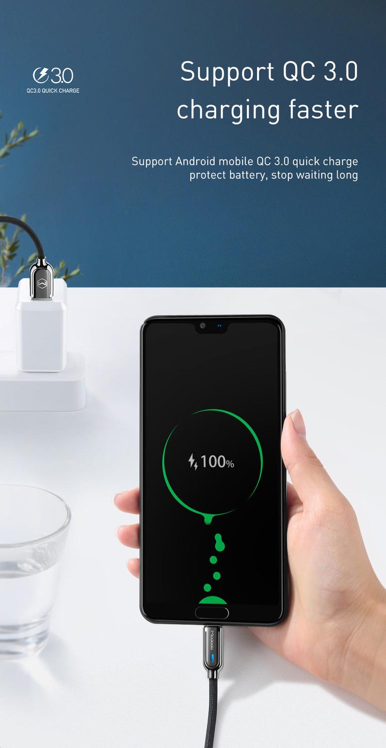 Mcdodo CA-6190 USB C till USB A kabel för synkning och snabb laddning, LED indikator, laddningen slutas automatisk när laddningen är klar, svart, 1m
