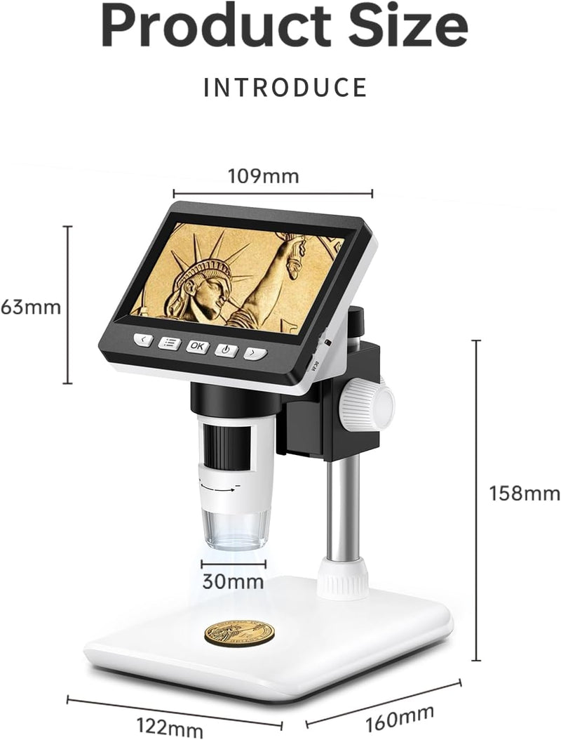 NÖRDIC Mikroskop för Mobiltelefoner, LCD Digitalt Mikroskop 50X–500X, 4.3-tums 1080P USB-mikroskop med 8 justerbara LED-lampor och PC-visning