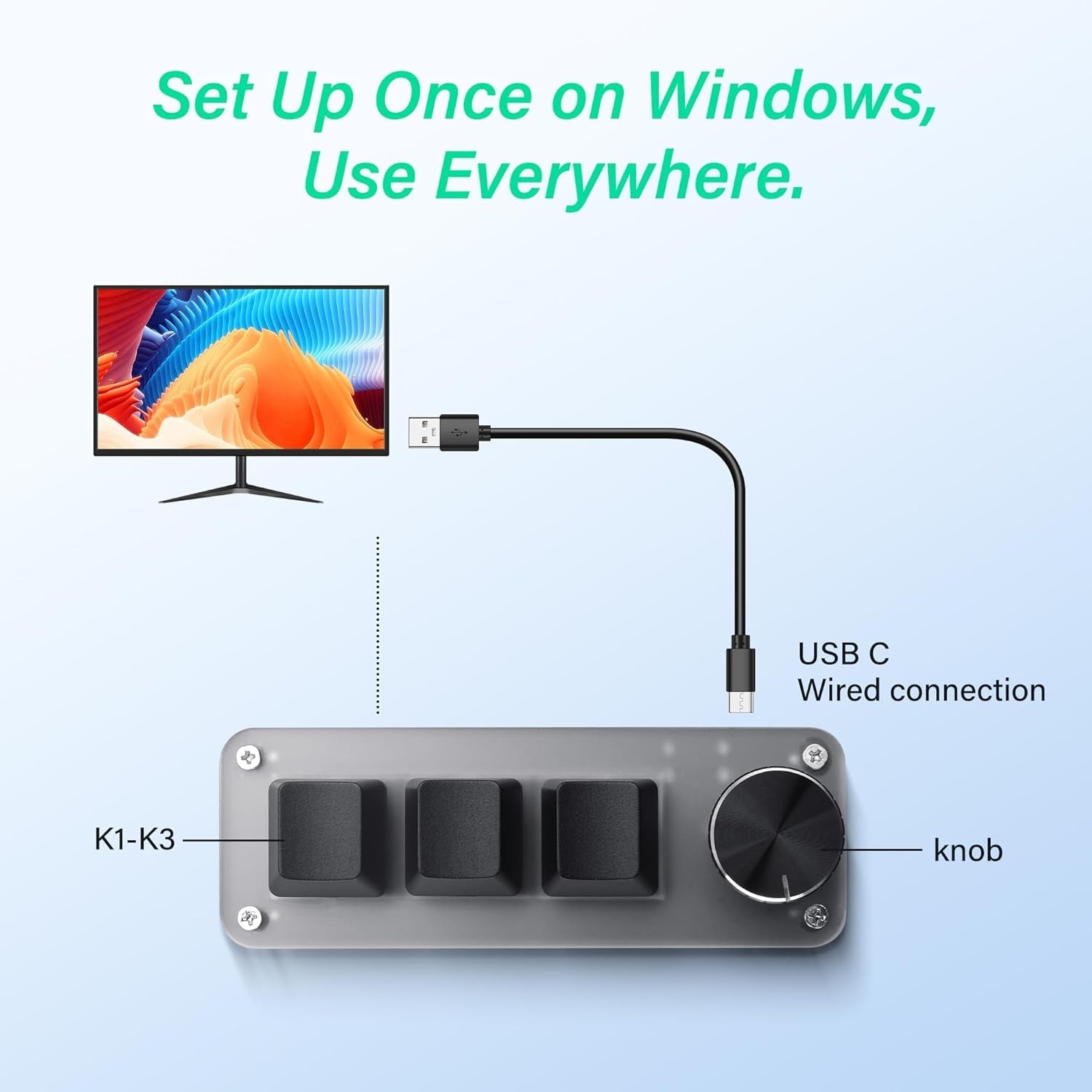Mini Programmable Mechanical Keyboard with 3 Keys & 1 Control Knob for Macro Shortcuts | PC Setup for Multi-Device Use