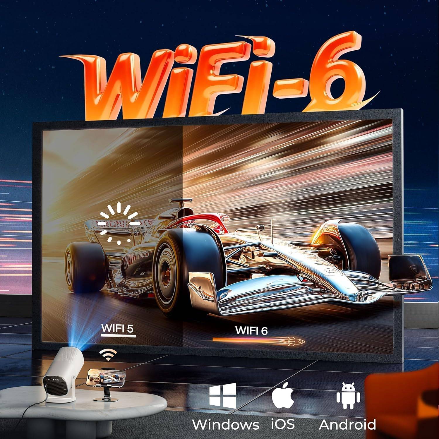 NÖRDIC 1080P Projektor Certifierad för Netflix, Prime Video, Disney+ och YouTube, 300 ANSI lumen, 2.4/5G WiFi 6-stöd för iOS/Android