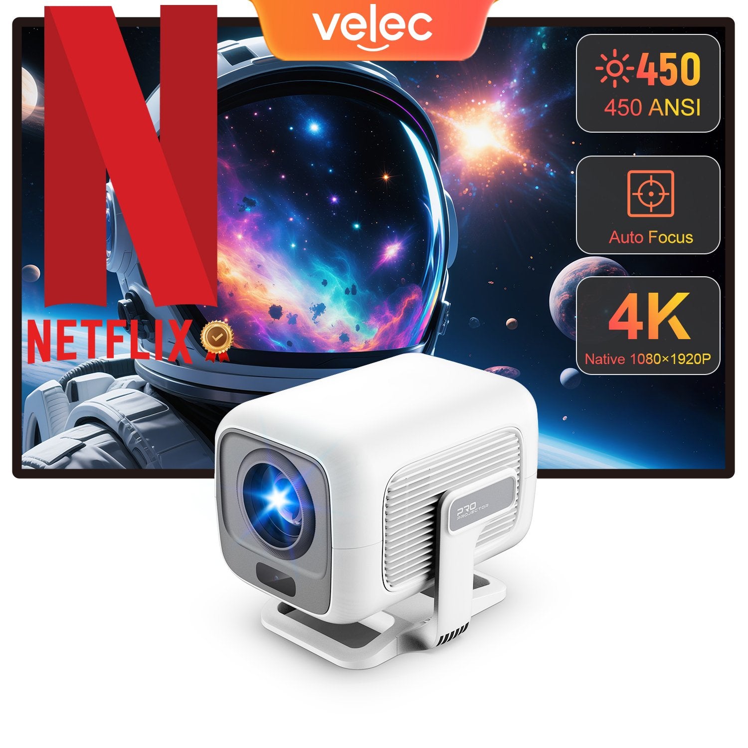 NÖRDIC 1080P Projektor Netflix-certifierad 200 ANSI lumen 2.4/5G WiFi 6 stöd för iOS/Android