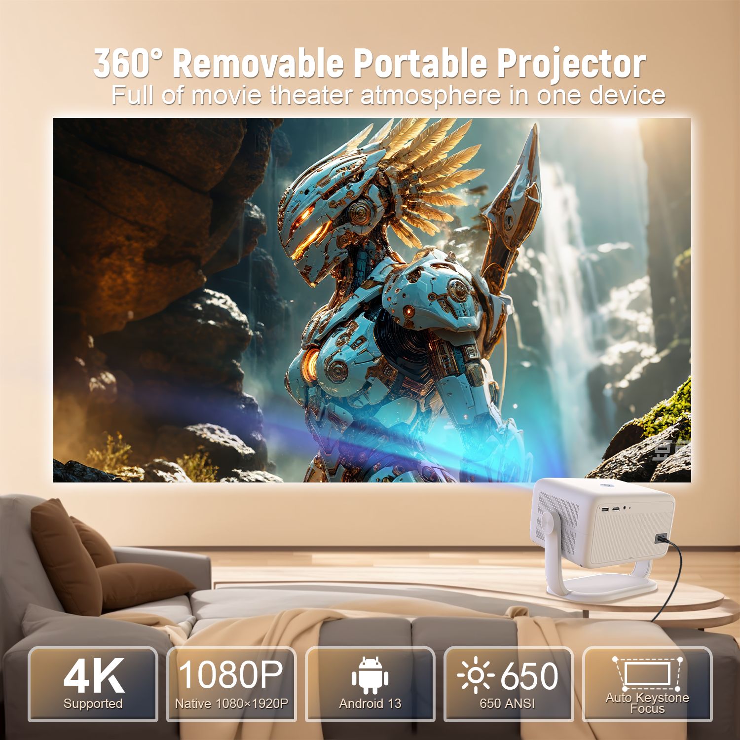 NÖRDIC 1080P Projektor Netflix-certifierad 320 ANSI lumen 2.4/5G WiFi 6 stöd för iOS/Android