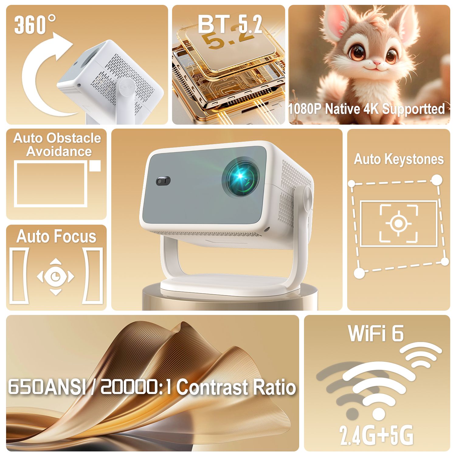 NÖRDIC 1080P Projektor Netflix-certifierad 320 ANSI lumen 2.4/5G WiFi 6 stöd för iOS/Android