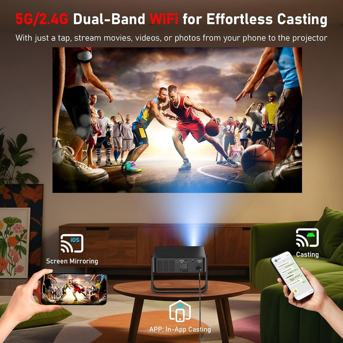 NÖRDIC 1080P Projektor Certifierad för Netflix, Prime Video, Disney+ och YouTube, 300 ANSI lumen, 2.4/5G WiFi 6-stöd för iOS/Android