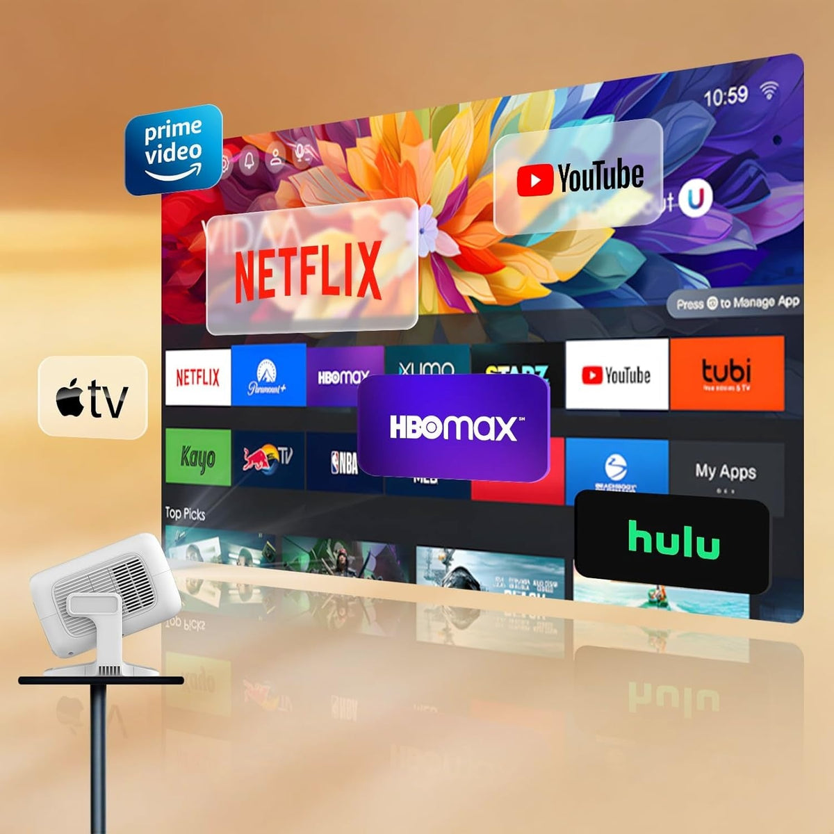 NÖRDIC 1080P Projektor Netflix-certifierad 200 ANSI lumen 2.4/5G WiFi 6 stöd för iOS/Android