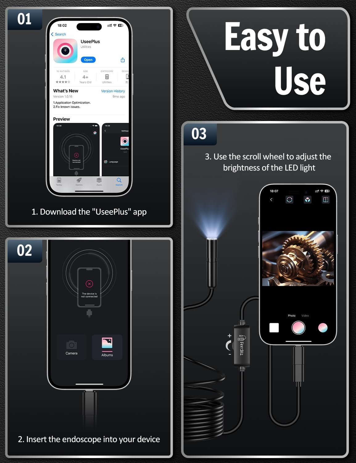 NÖRDIC 10m 1920x1440p HD-Endoskopkamera med belysning, IP67-vattentät inspektionskamera för iOS & Android, Plug & Play