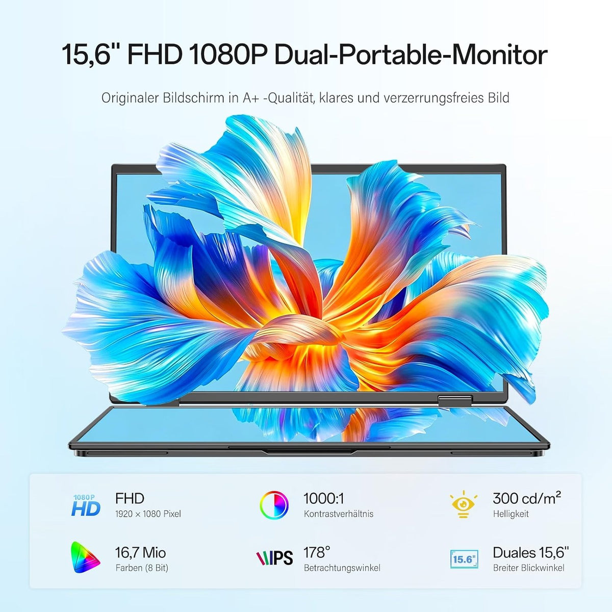 NÖRDIC 15.6" Portable Dual IPS Monitor Laptop Monitor Extension, FHD 1080p
