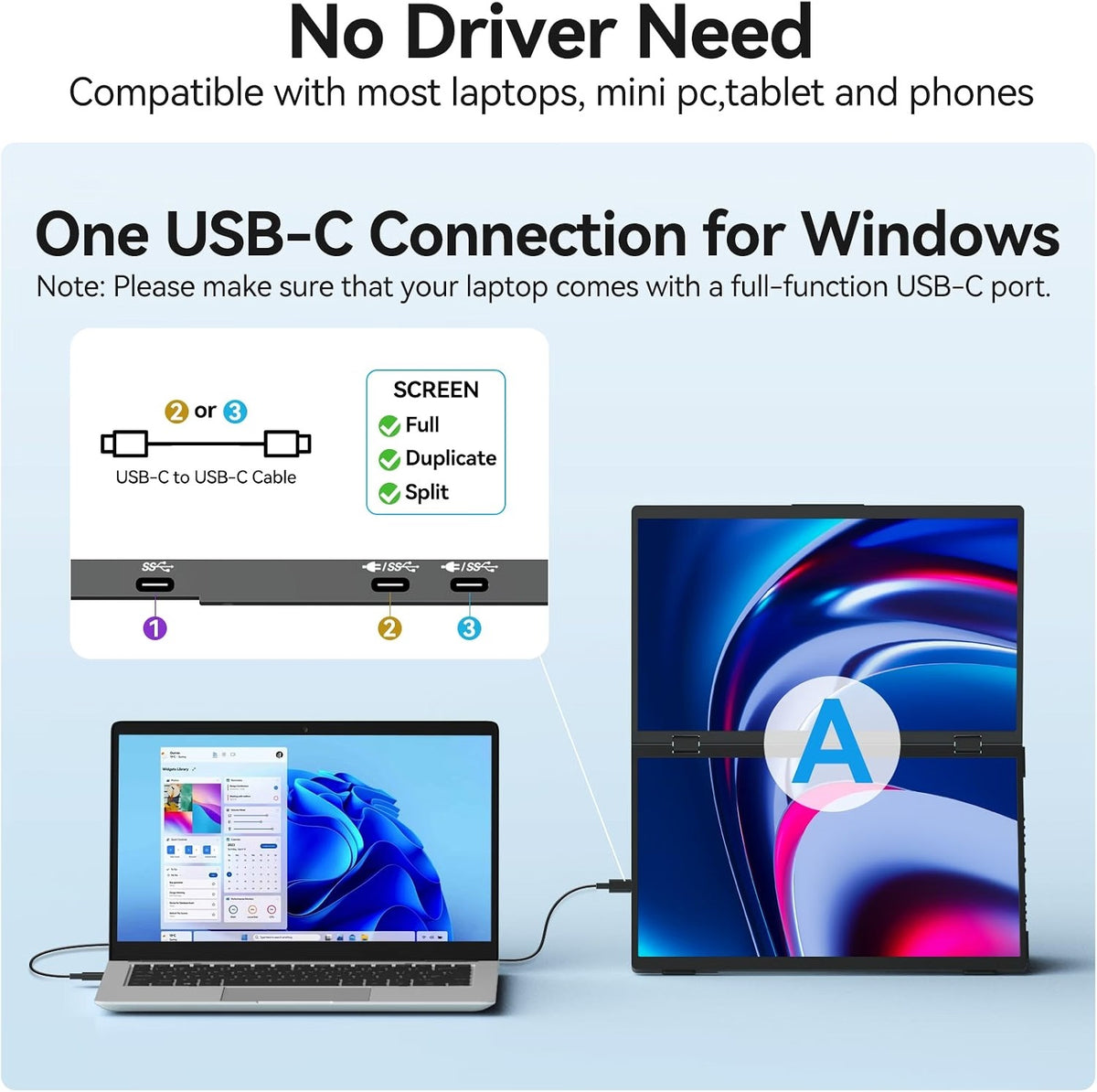 NÖRDIC 15.6" Portable Dual IPS Monitor Laptop Monitor Extension, FHD 1080p