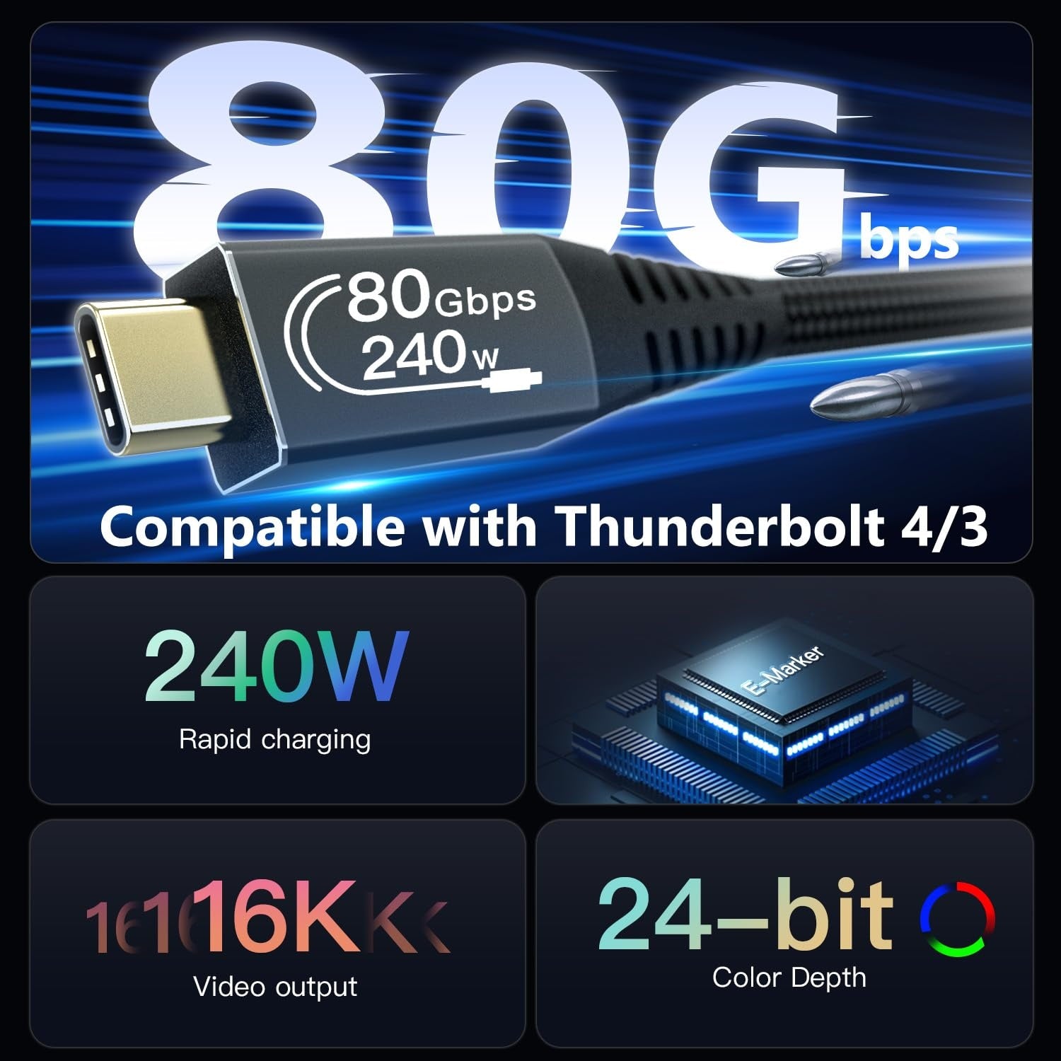 NÖRDIC 1,5m Thunderbolt 5 kabel 80Gbps dataöverföring 240W laddning 120Gbps bandbredd 16K60Hz 8K60Hz 4K540Hz