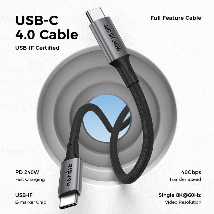 NÖRDIC 1,5 m USB4 USB-C till C nylonflätad kabel PD3.1 240W 40G 8K60Hz 4K144Hz grå