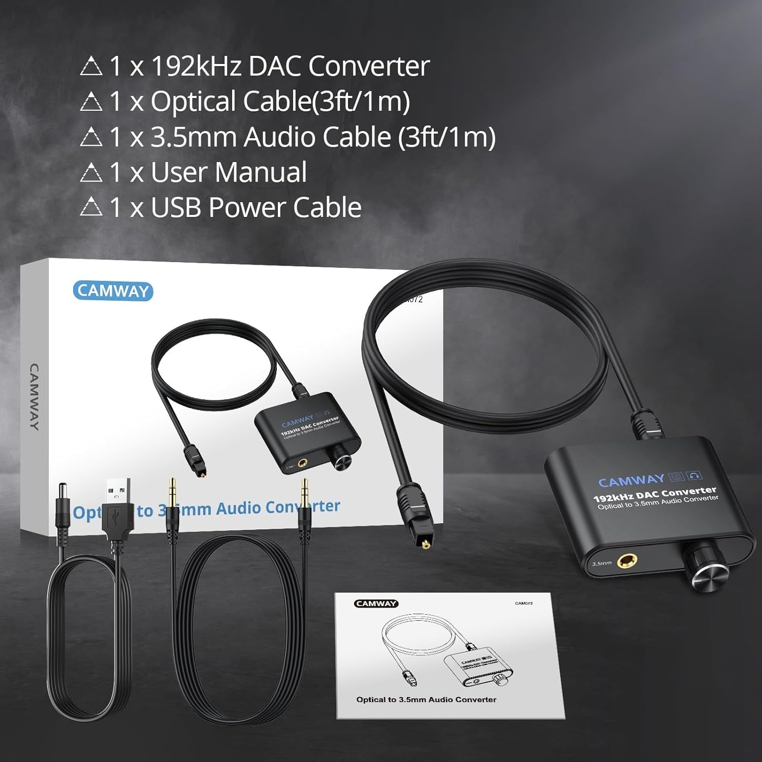 NÖRDIC 192 kHz Digital till analog ljudomvandlare, SPDIF optisk till 3,5 mm adapter med 1 m optisk kabel + 1 m 3,5 mm ljudkabel