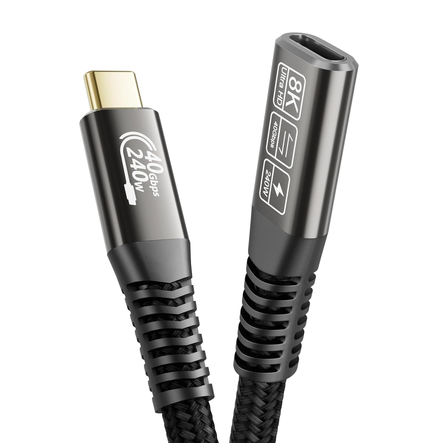 NÖRDIC 1m Thunderbolt 4 förlängningskabel, USB-C hane till hona, 240W snabbladdning, 40Gbps, 8K 60Hz