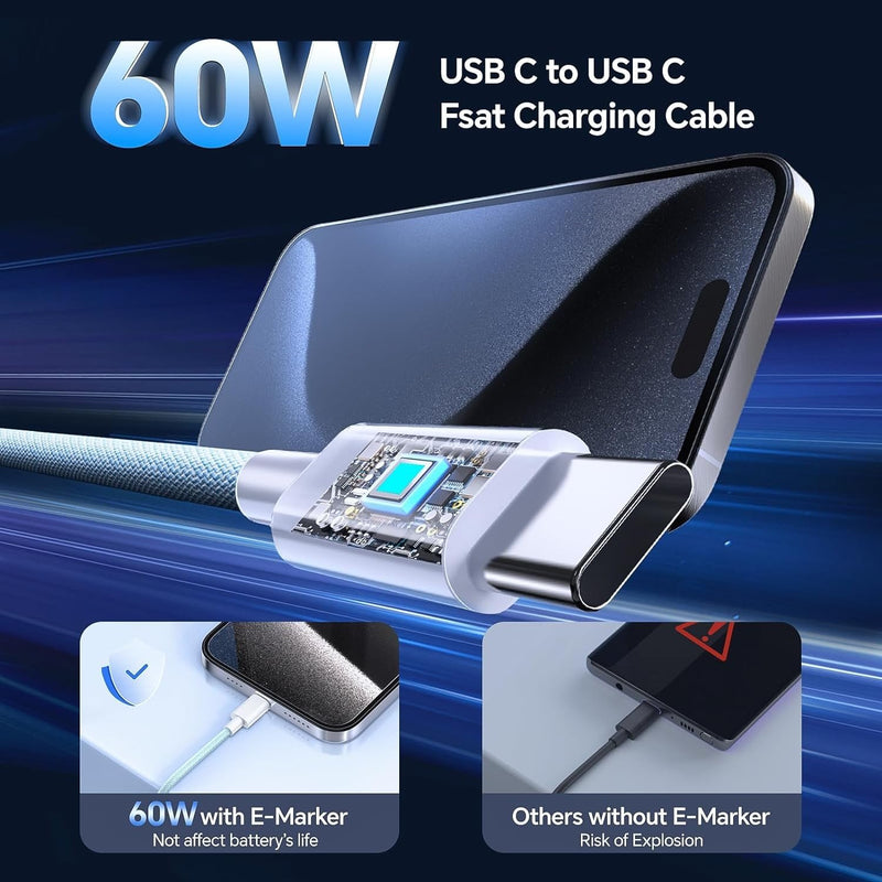NÖRDIC 1m USB 2.0 USB-C till C kabel för iPhone 15/15 Pro/15 Plus/15 Pro Max 2,4A 480Mbps 60W blå