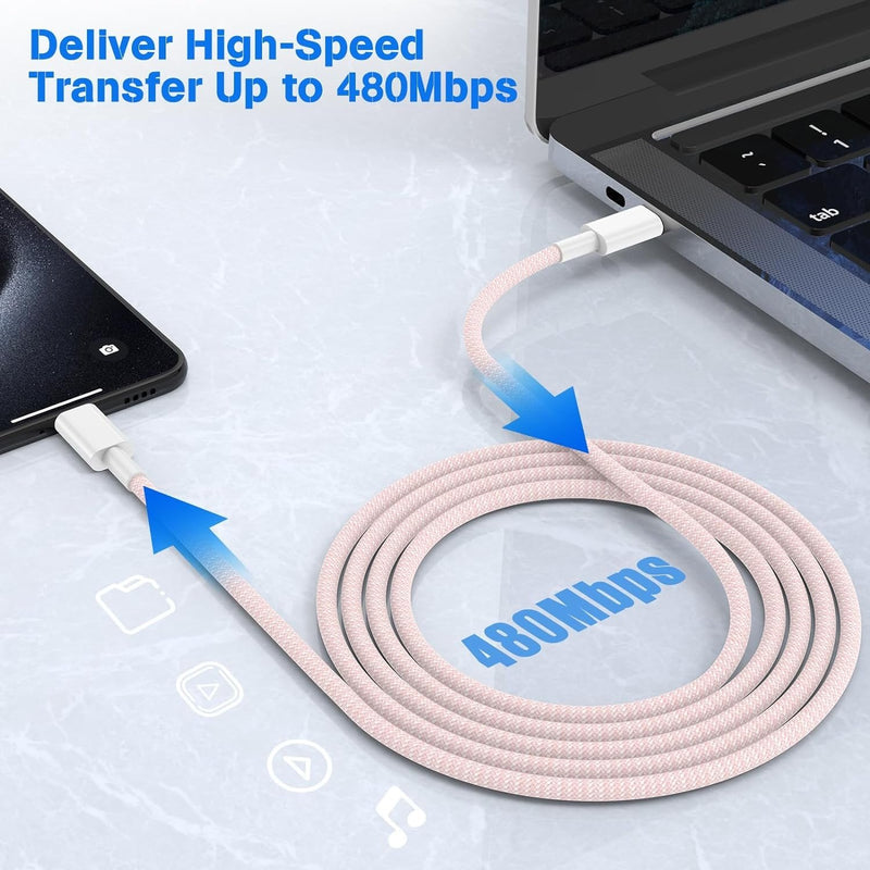 NÖRDIC 1m USB 2.0 USB-C till C kabel för iPhone 15/15 Pro/15 Plus/15 Pro Max 2,4A 480Mbps 60W rosa