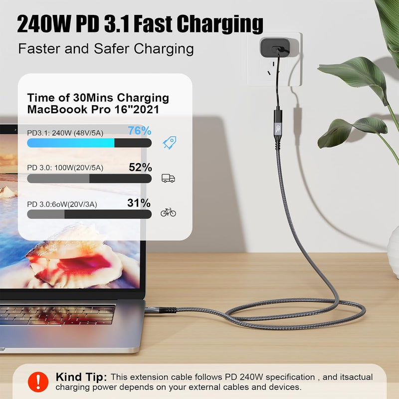 NÖRDIC 1m USB3.2 Gen2 20Gbps USB-C till C nylonflätad förlängningskabel med Power Delivery 240W 4K60Hz