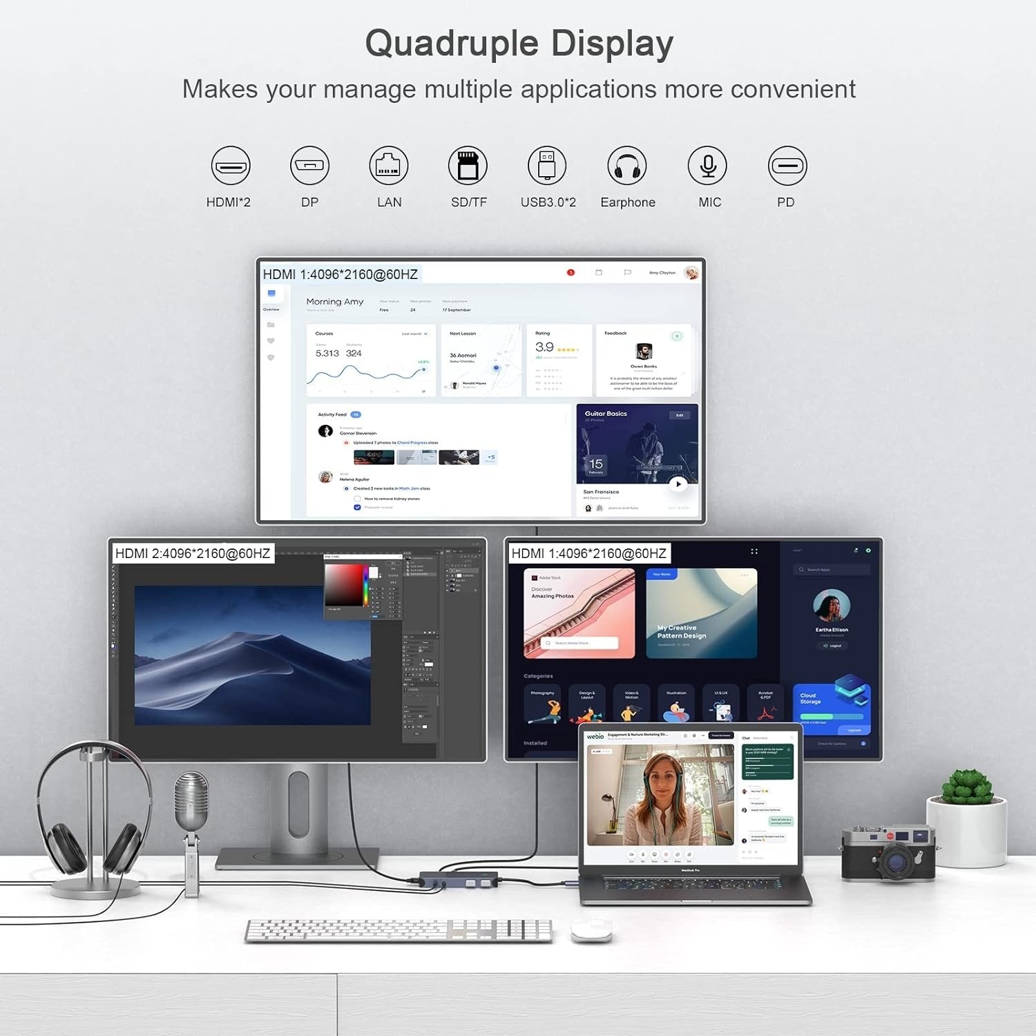 NÖRDIC 1 till 11 USB-C DisplayLink dockningstation för tre monitorer 2xHDMI 4K60Hz 1xDP4K60Hz  DP87W Thunderbolt 3/4