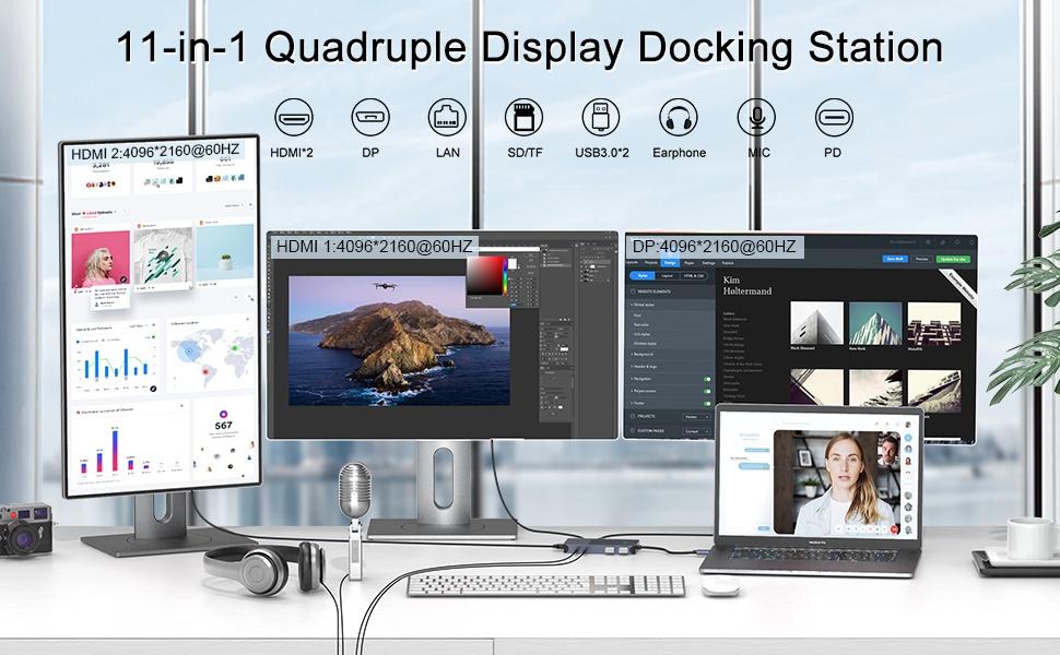 NÖRDIC 1 till 11 USB-C DisplayLink dockningstation för tre monitorer 2xHDMI 4K60Hz 1xDP4K60Hz  DP87W Thunderbolt 3/4