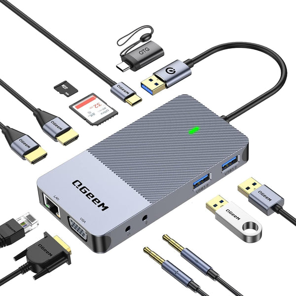 NÖRDIC 1 to 11 USB-A & C Docking station 2xHDMI, 1xVGA, 2xUSB3.0 1xRJ45 2xSD MSD card Reader 2xAudio DisplayLlink MacBook M1 M2 M3