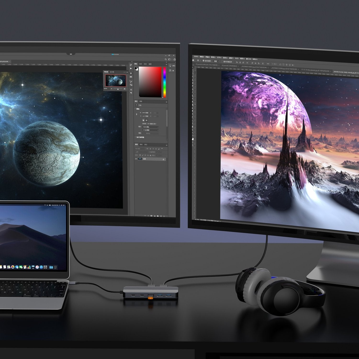NÖRDIC 1 till 12 USB-C Dockningsstation för Dubbla skärmar, 1xHDMI 4K60Hz, 1xDP 4K60Hz, 1xUSB-C PD 100W,  2xUSB-C, 3xUSB-A, med Ethernet