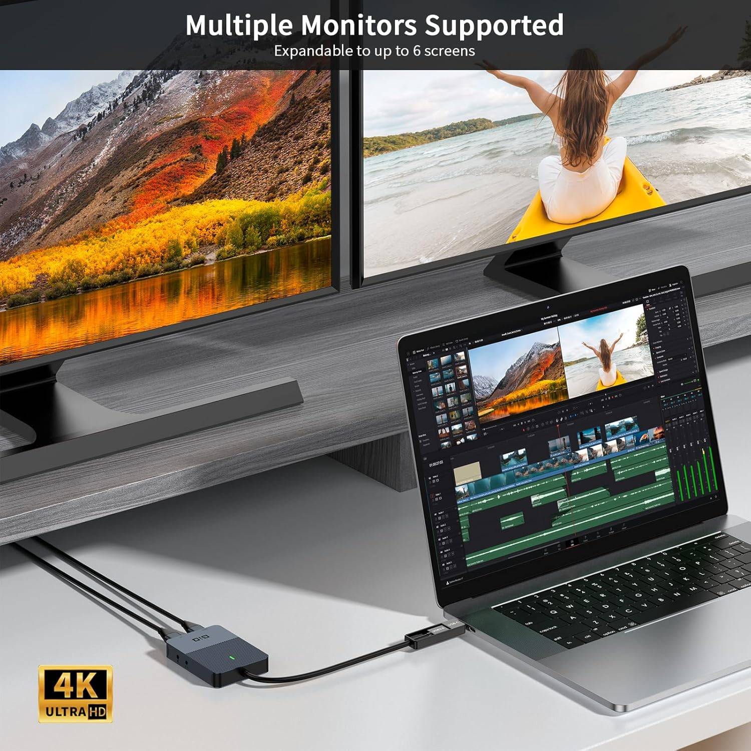 NÖRDIC DisplayLink 1 till 4 Docking Station 2xHDMI 2K@60Hz USB-A & USB-C Kompatibel med USB 4,Windows och Mac