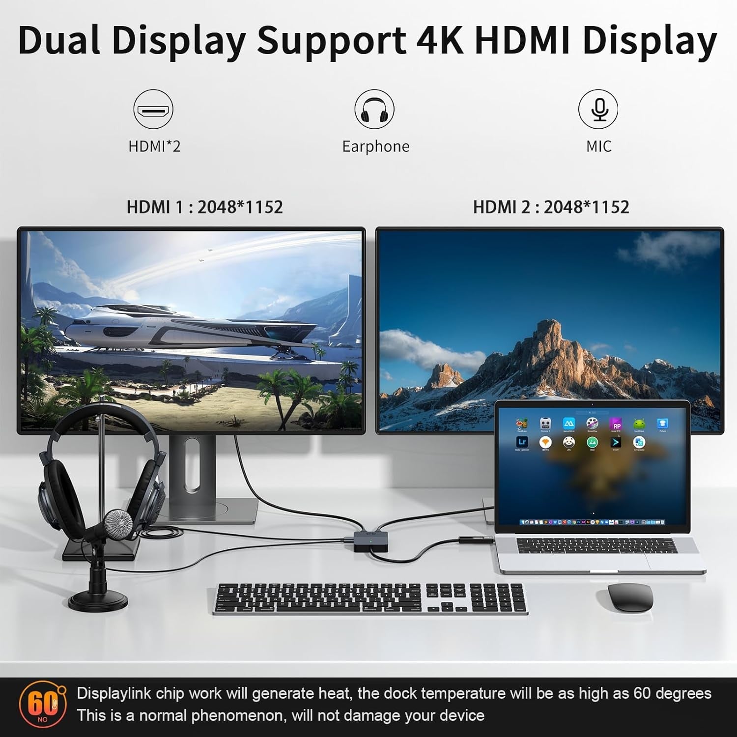 NÖRDIC DisplayLink 1 till 4 Docking Station 2xHDMI 2K@60Hz USB-A & USB-C Kompatibel med USB 4,Windows och Mac