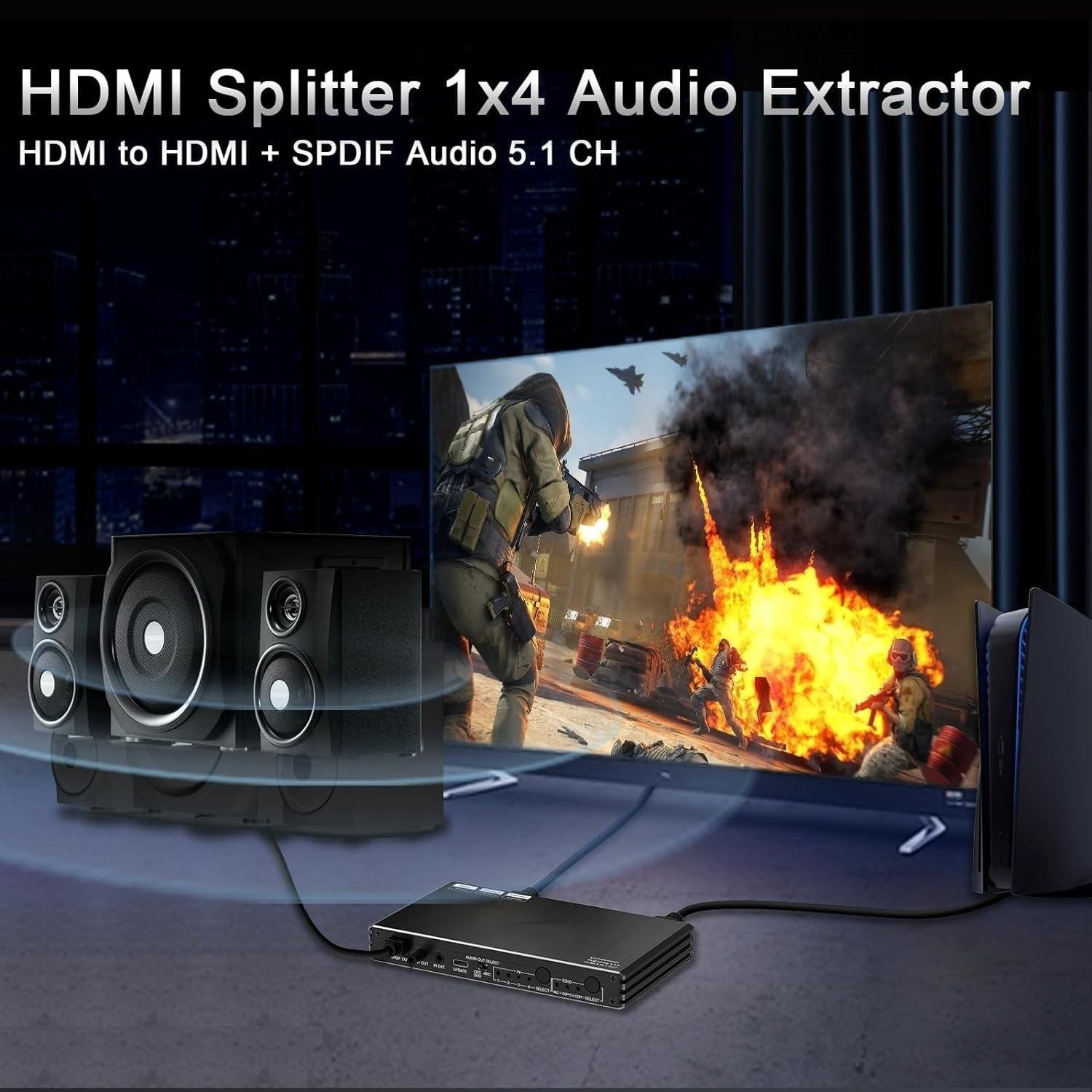 NÖRDIC 1 till 4 HDMI 2.1 Splitter 8K 60Hz 4K120Hz VRR Free-/G-Sync CEC, S/PDIF Extractor