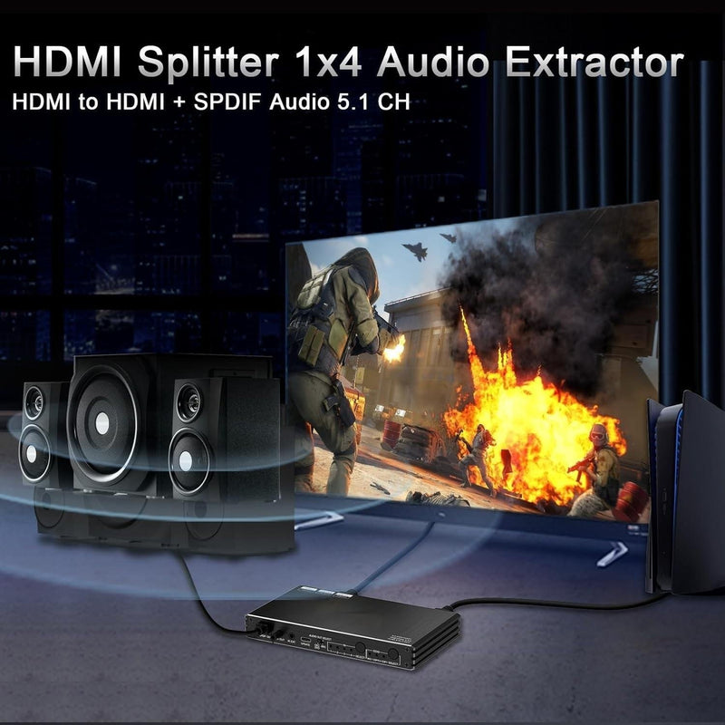 NÖRDIC 1 till 4 HDMI 2.1 Splitter 8K 60Hz 4K120Hz VRR Free-/G-Sync CEC, S/PDIF extraktor