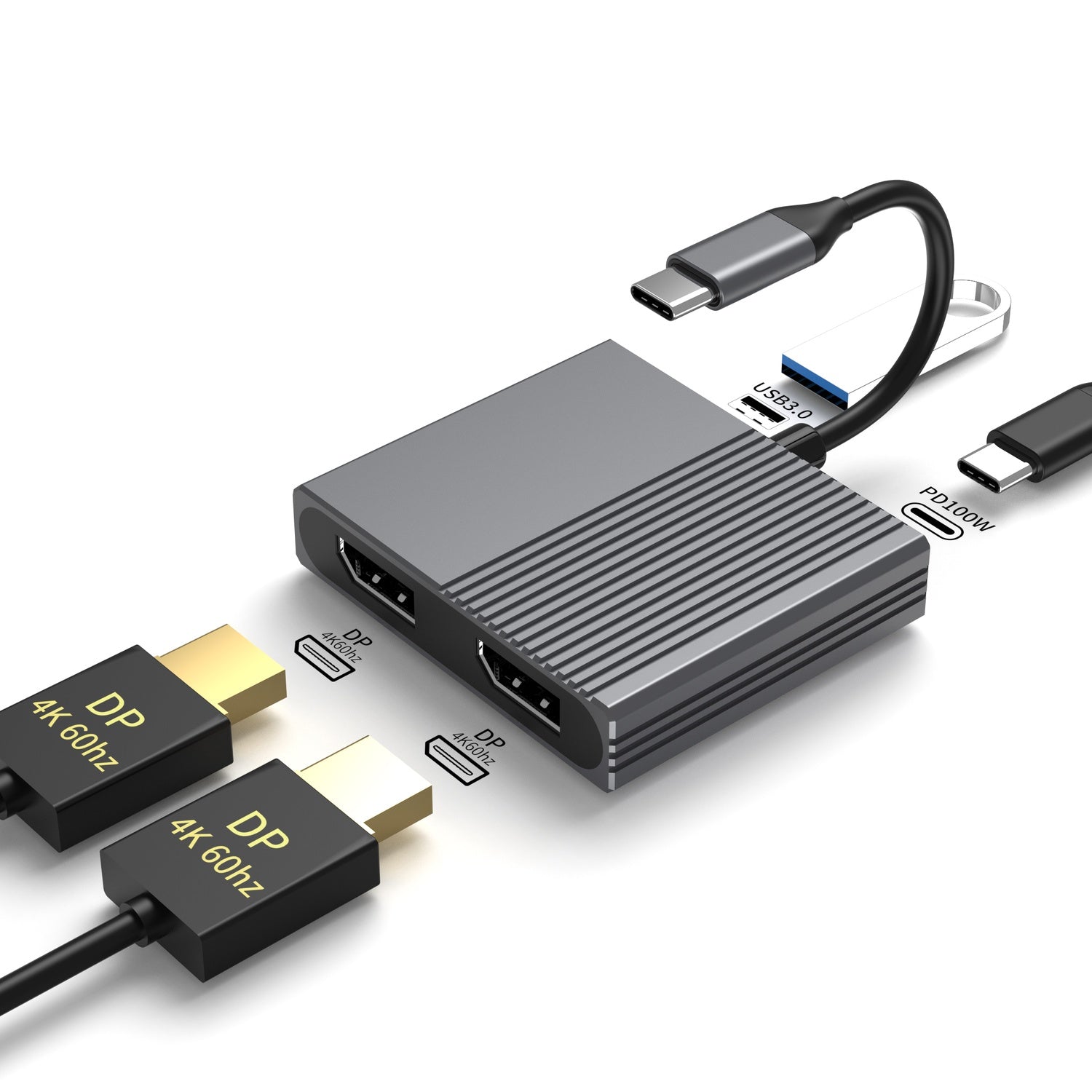 NÖRDIC 1 till 4 USB-C Dockningsstation 2xDP4K60Hz Dubbel skärm 1xUSB-C PD100W 1xUSB-A 5G