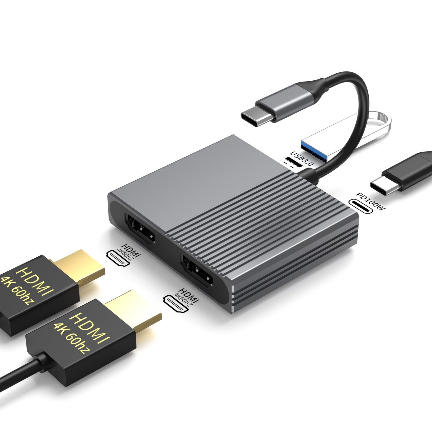 NÖRDIC 1 till 4 USB-C Dockningsstation 2xHDMI Dubbla skärmar 1xUSB-C PD100W 1xUSB-A 5G
