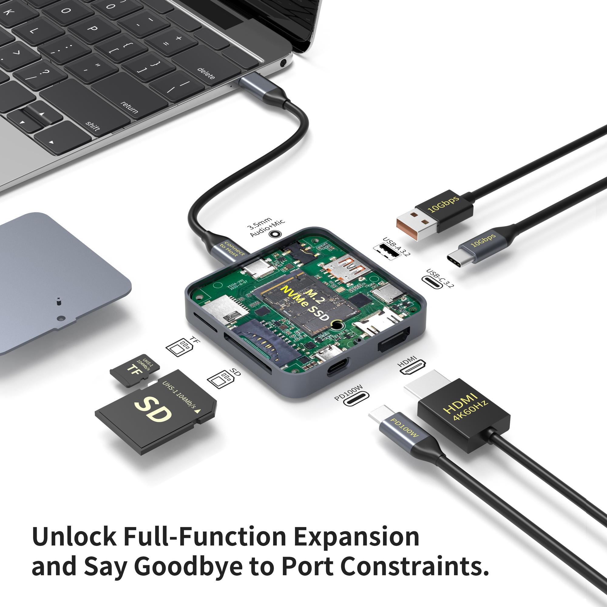 NÖRDIC  1 to 9 USB-C Docking station HDMI4K60Hz, 1xUSB-C 10G, 1xUSB-10A 5G, 1xUSB-C 100W, 1xM2 SSD 2230, 1x Stereo 3.5mm, 1x SD/MicroSD