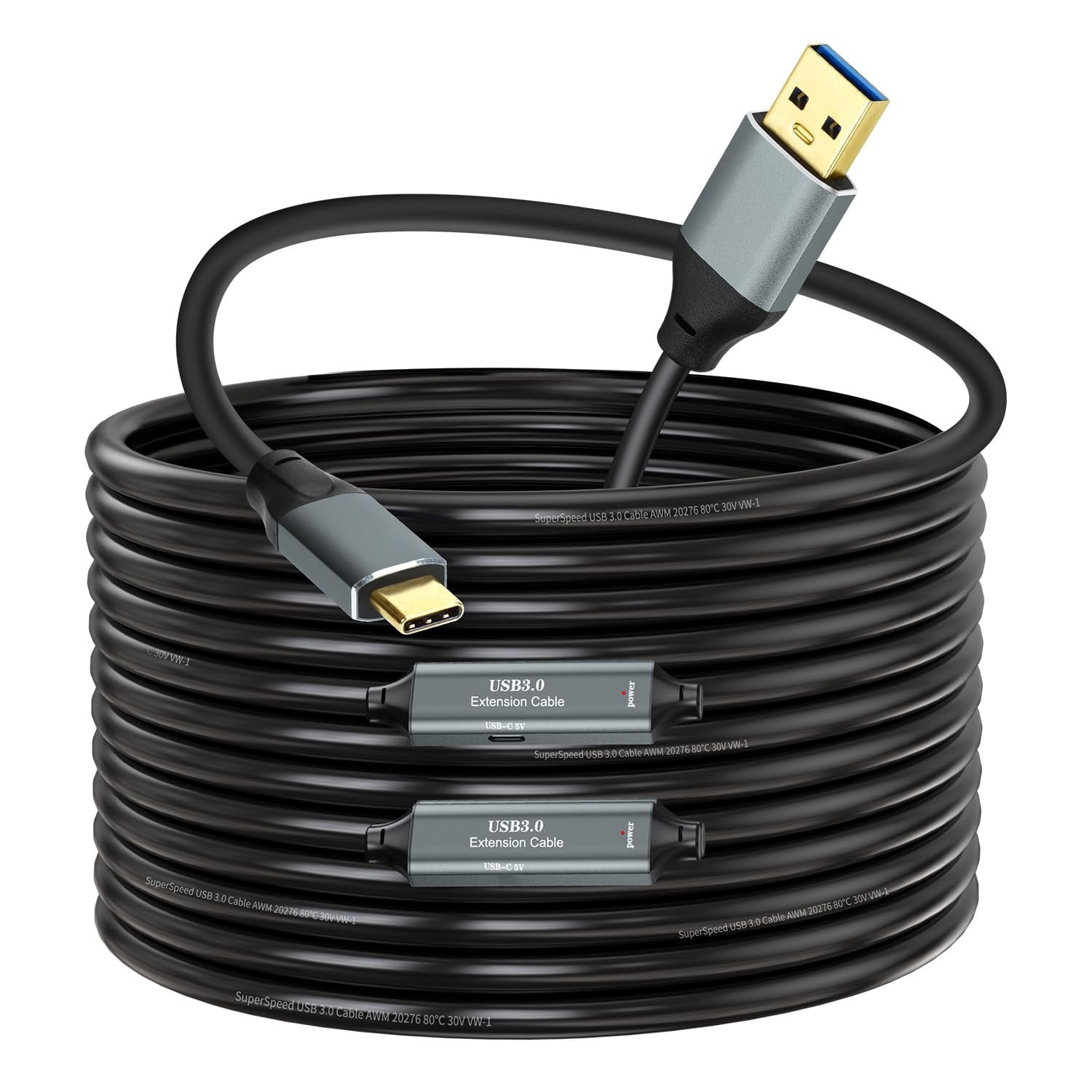 NÖRDIC 20m Aktiv USB 3.0 A till C Kabel, 5Gbps Super Speed USB-kabel Kompatibel med VR, Kamera, Dockningsstation och mer