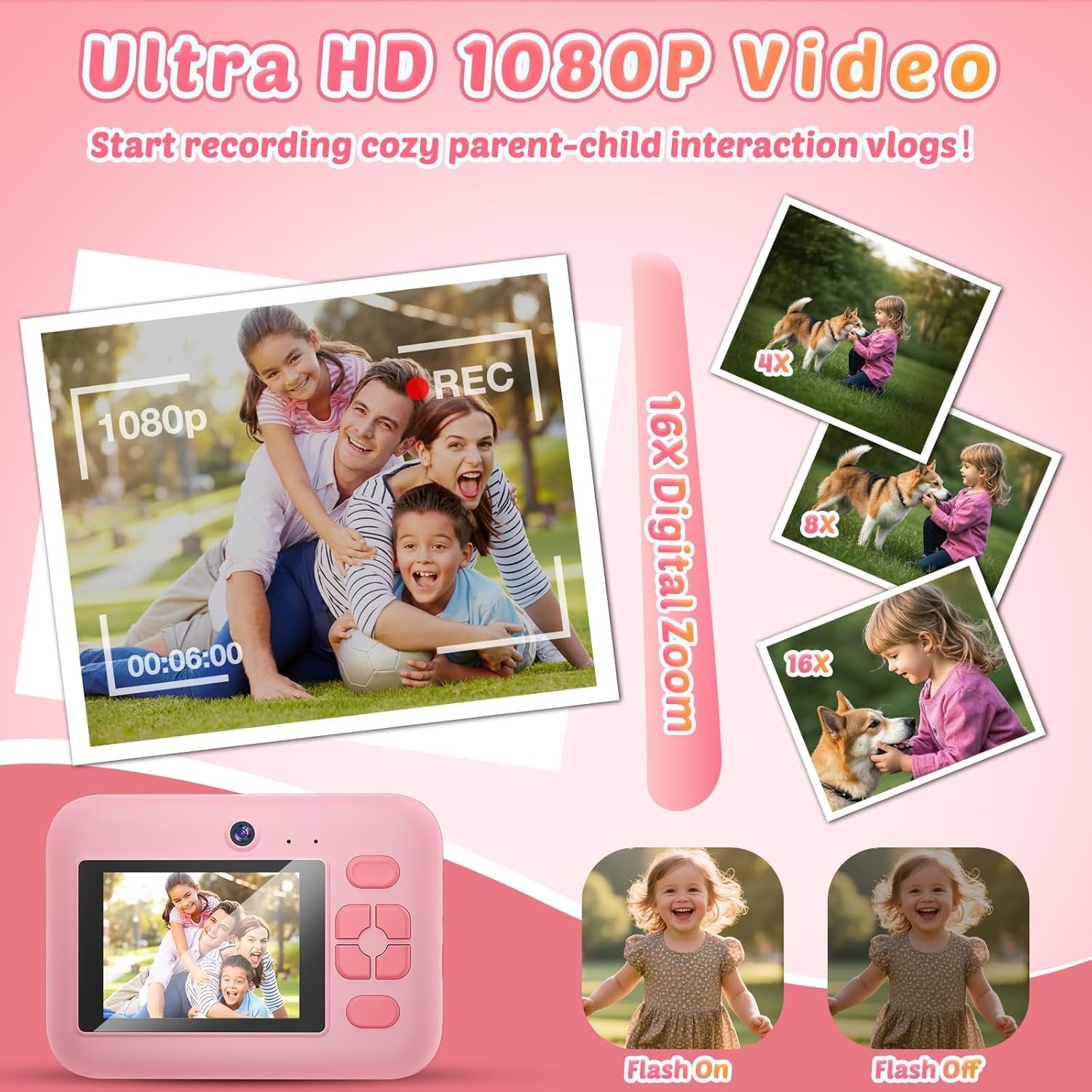 NÖRDIC 2,4" HD Instant-kamera, Mini kamera med fotoutskrift/videoinspelning, kompatibel app, Rosa