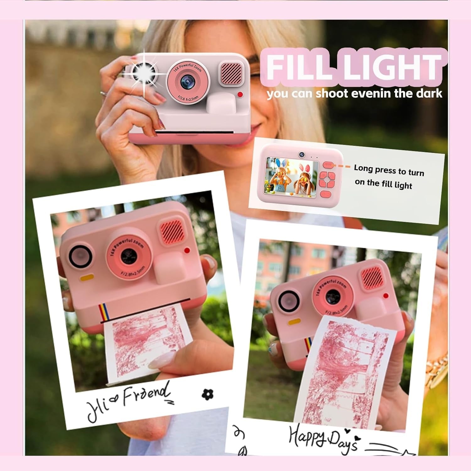 NÖRDIC 2,4" HD Instant-kamera, Mini kamera med fotoutskrift/videoinspelning, kompatibel app, Rosa