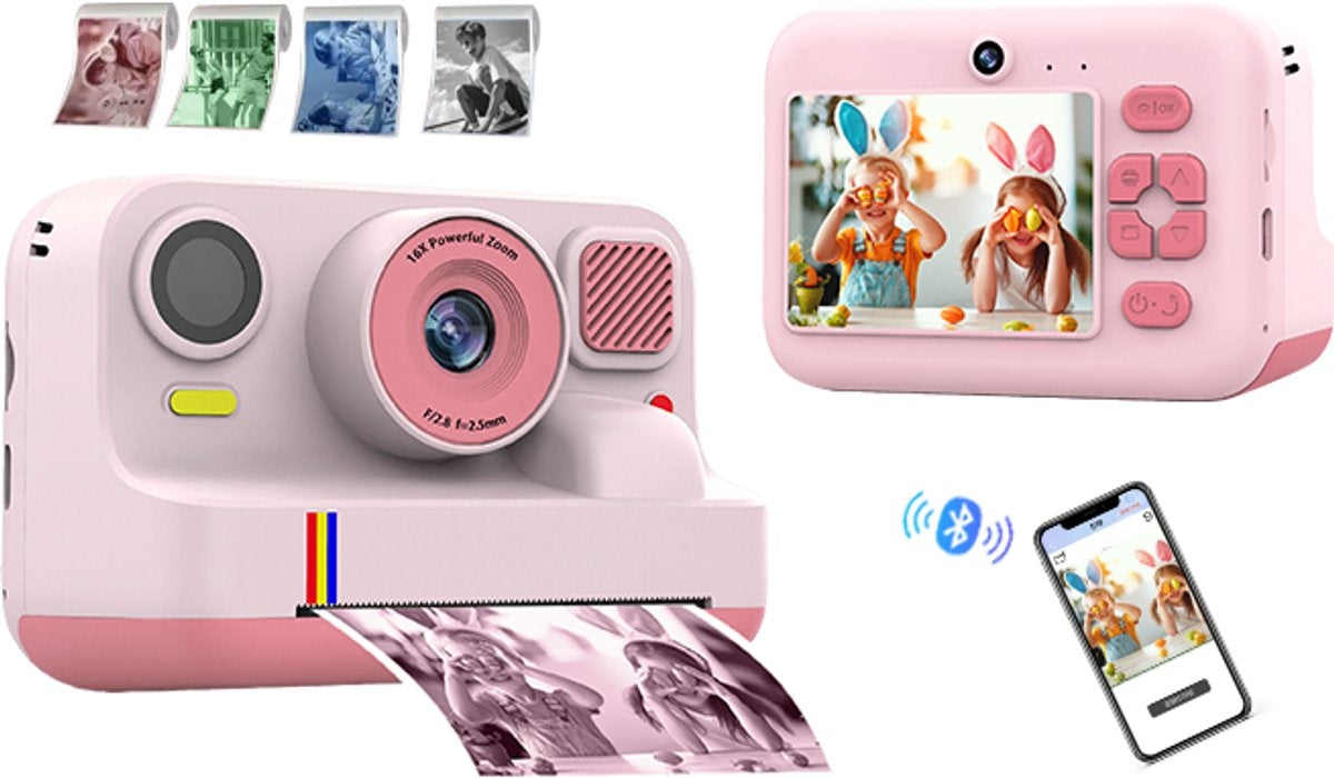 NÖRDIC 2,4" HD Instant-kamera, Mini kamera med fotoutskrift/videoinspelning, kompatibel app, Rosa