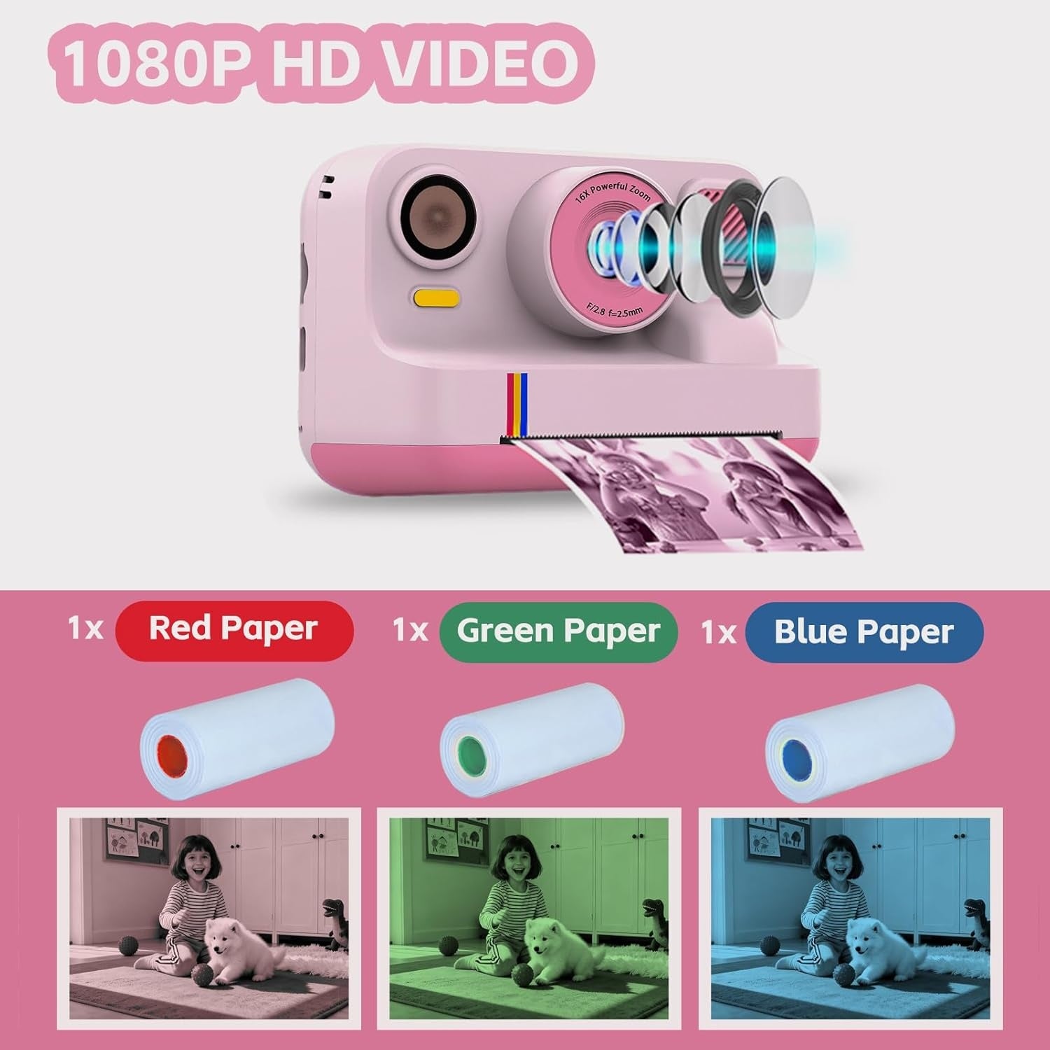 NÖRDIC 2,4" HD Instant-kamera, Mini kamera med fotoutskrift/videoinspelning, kompatibel app, Rosa