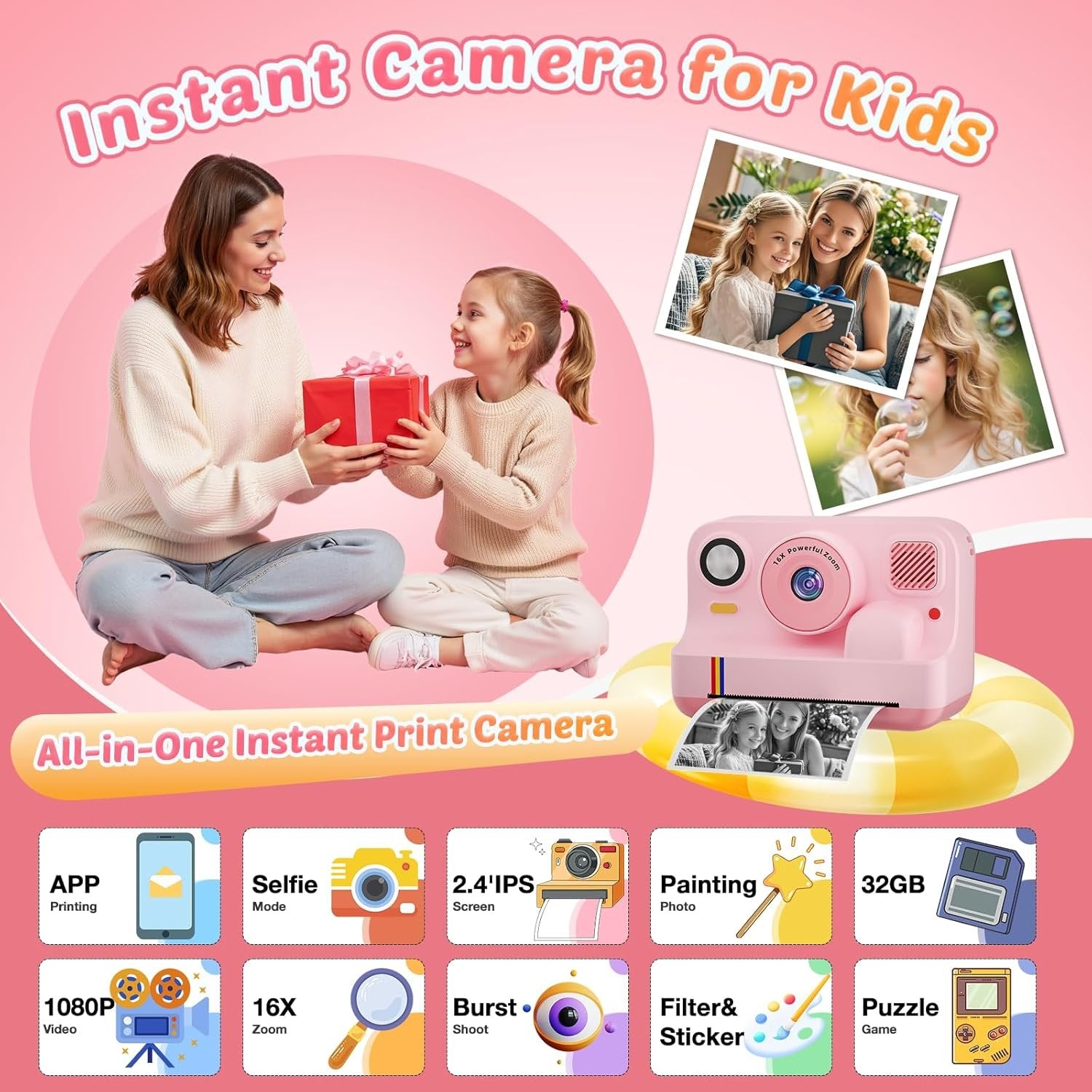 NÖRDIC 2,4" HD Instant-kamera, Mini kamera med fotoutskrift/videoinspelning, kompatibel app, Rosa