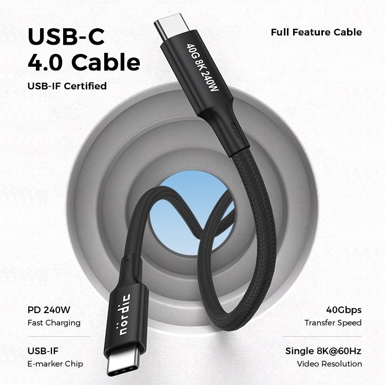 NÖRDIC 25cm USB4 USB-C till C nylonflätad kabel PD3.1 240W 40G 8K60Hz 4K144Hz svart