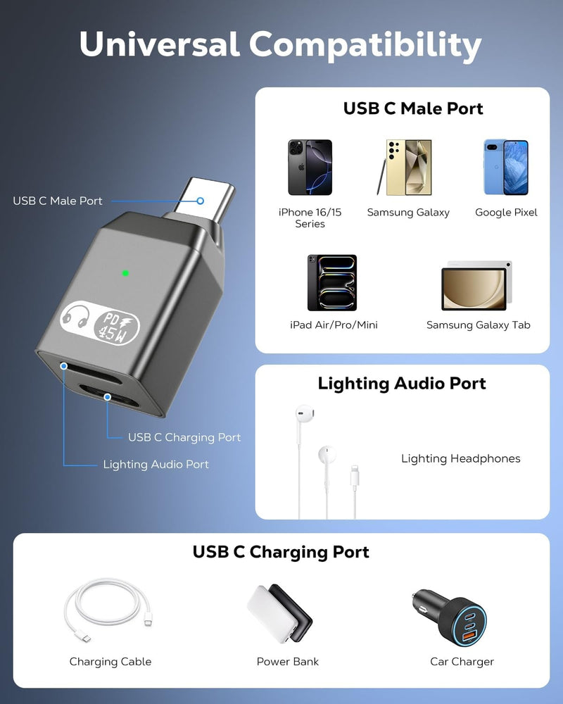 NÖRDIC USB-C till Lightning + USB-C Adapter för Ljud och Snabb laddning 45W