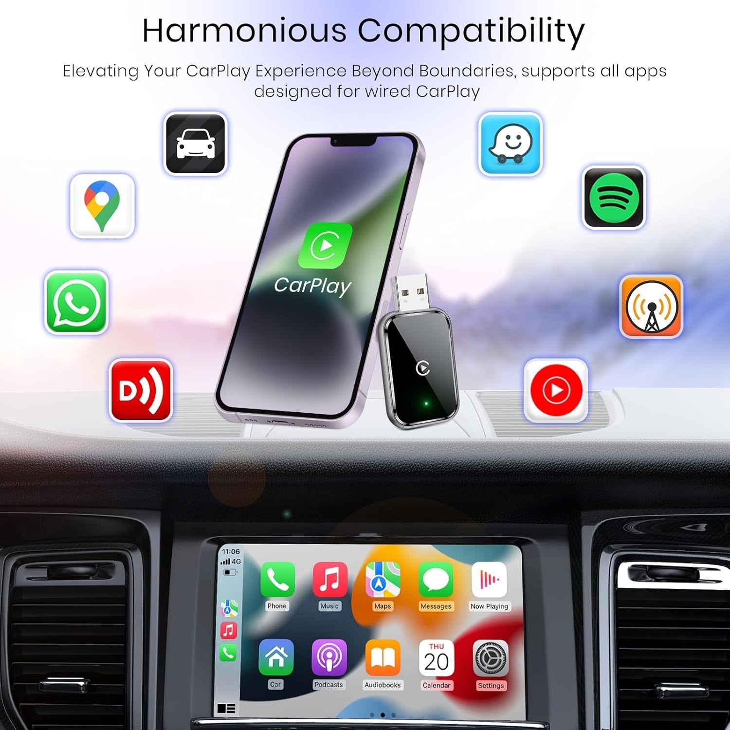 NÖRDIC 2-i-1 trådlös Android CarPlay-dongel, med USB-C-adapter, Plug & Play, WiFi 5,8 GHz, stöder iOS 10+ och Android 11+