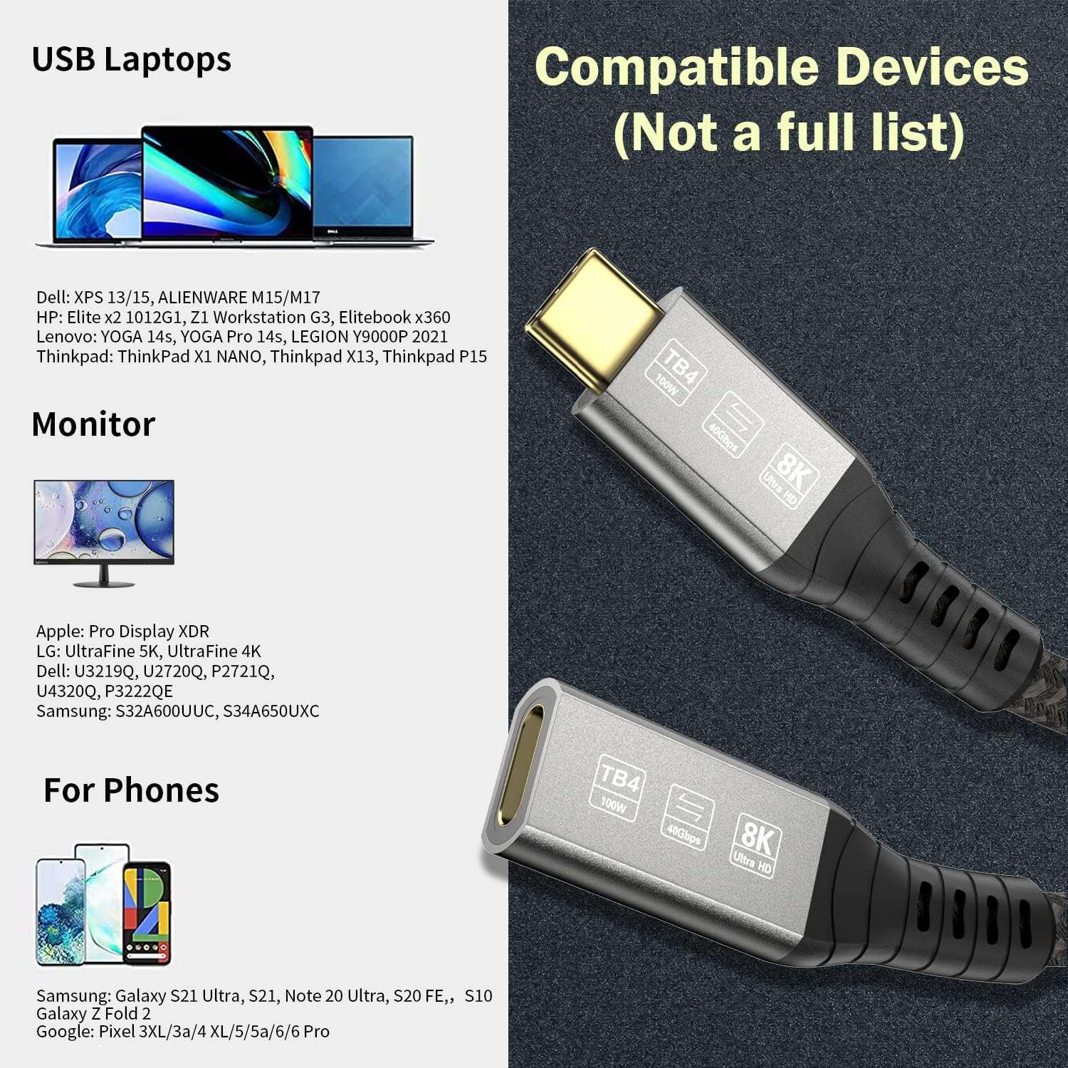 NÖRDIC 2m Thunderbolt 4 förlängningskabel, USB-C hane till hona, 100W snabbladdning, 40Gbps, 8K 60Hz