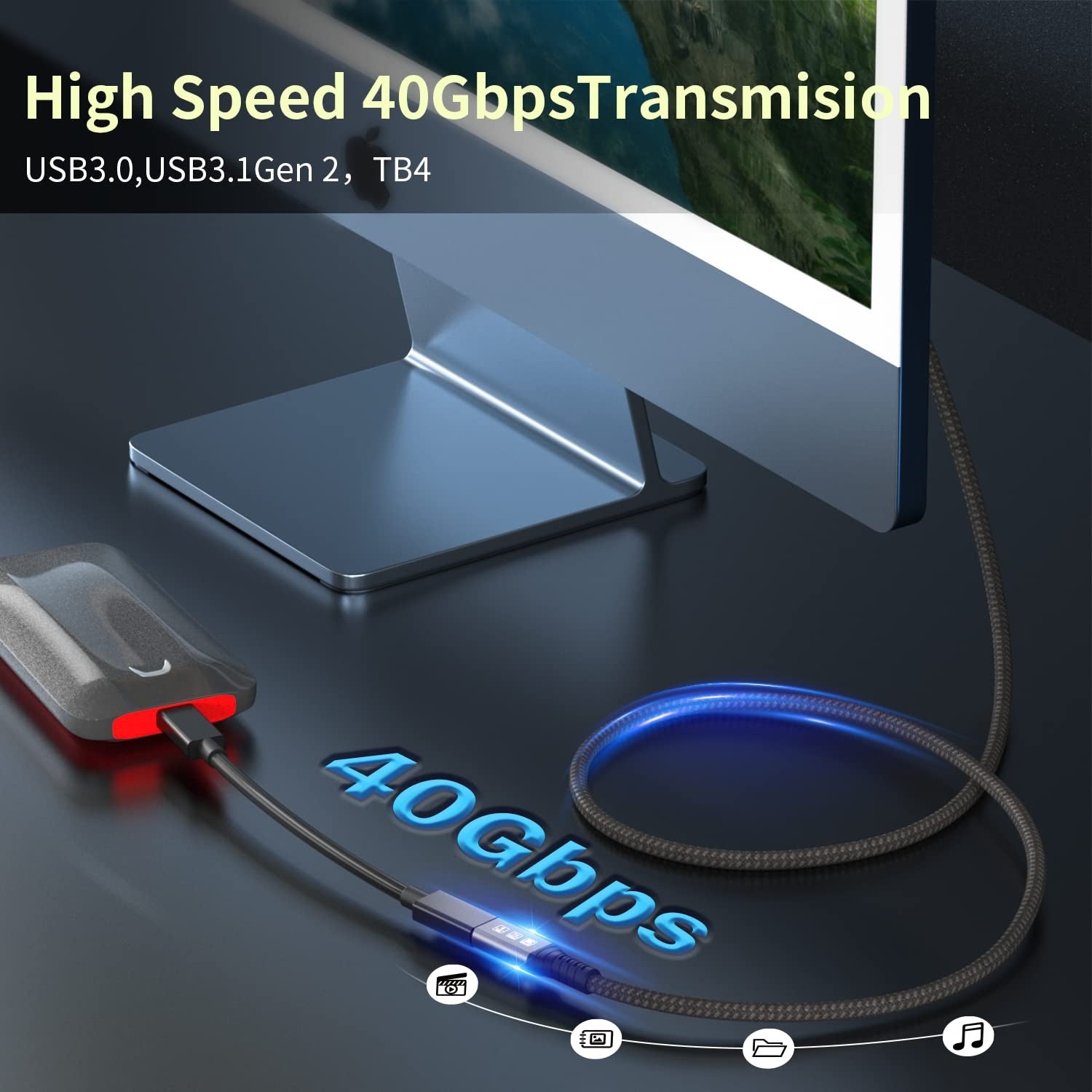 NÖRDIC 2m Thunderbolt 4 förlängningskabel, USB-C hane till hona, 100W snabbladdning, 40Gbps, 8K 60Hz