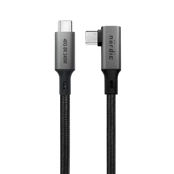 NÖRDIC vinklad 2m USB4 USB-C till C nylonflätad kabel PD3.1 240W 40G 8K60Hz 4K144Hz grå